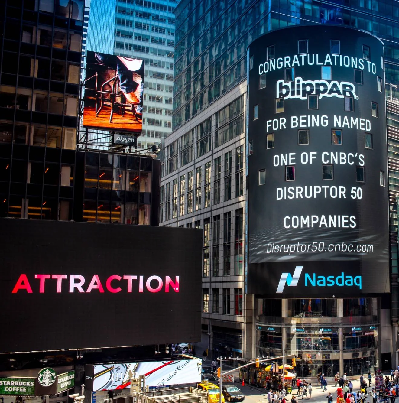 The Nasdaq tower in Times Square, New York, congratulating Blippar on being named one of CNBC's Disruptor 50 companies