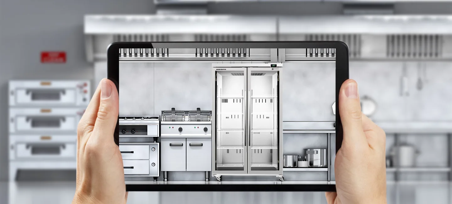 A SKOPE display fridge placed in a commercial kitchen with AR
