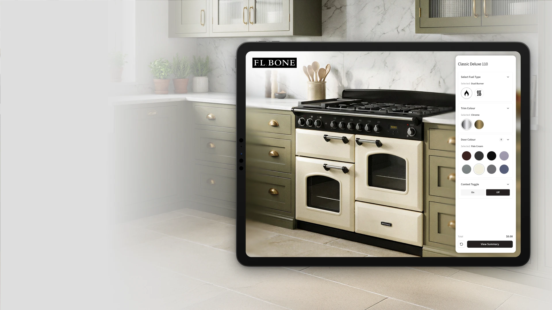 An FL Bone range cooker in a kitchen, with fuel, trim and door colour options on a tablet