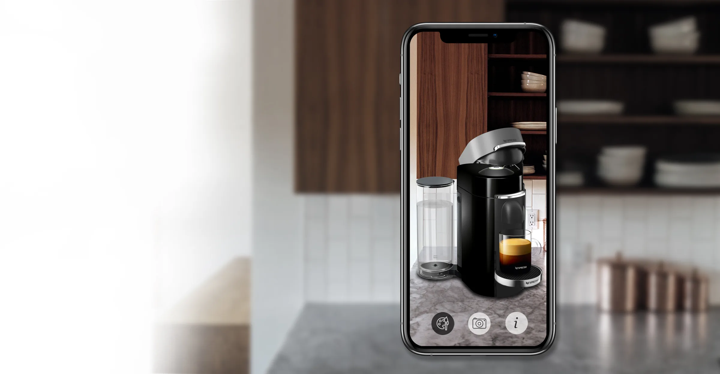 A coffee machine placed on a kitchen bench with AR