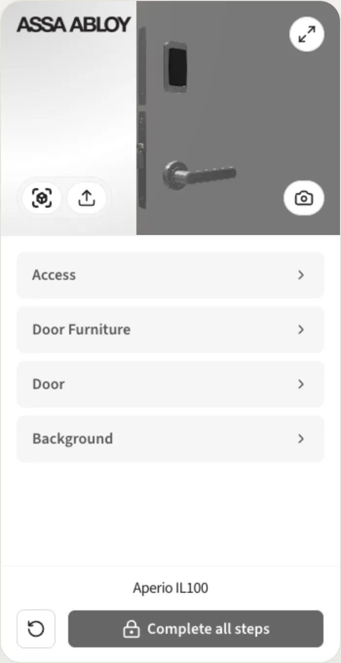 The ASSA ABLOY Aperio IL100 access lock on a door in a live 3D configurator