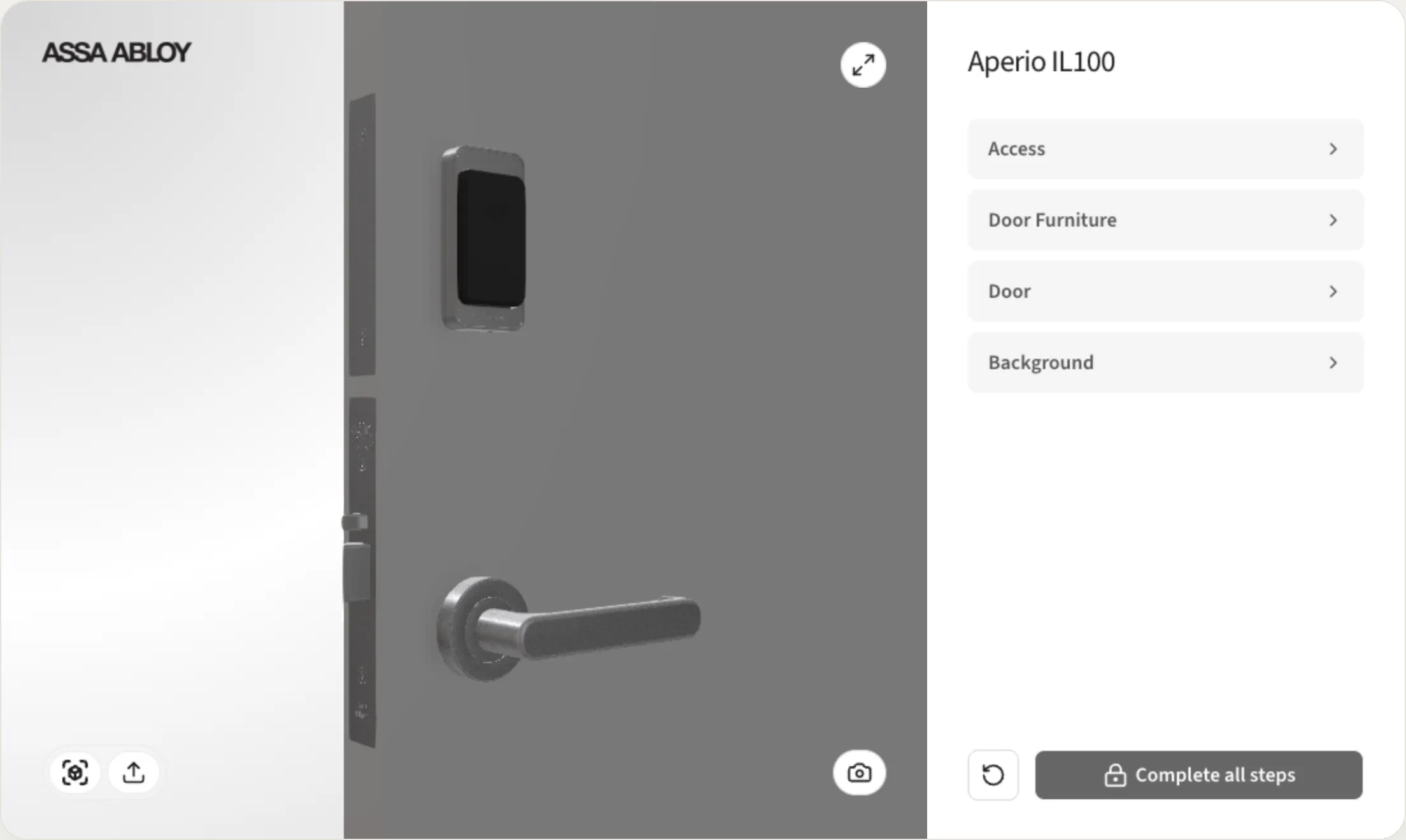 The ASSA ABLOY Aperio IL100 access lock on a door in a live 3D configurator