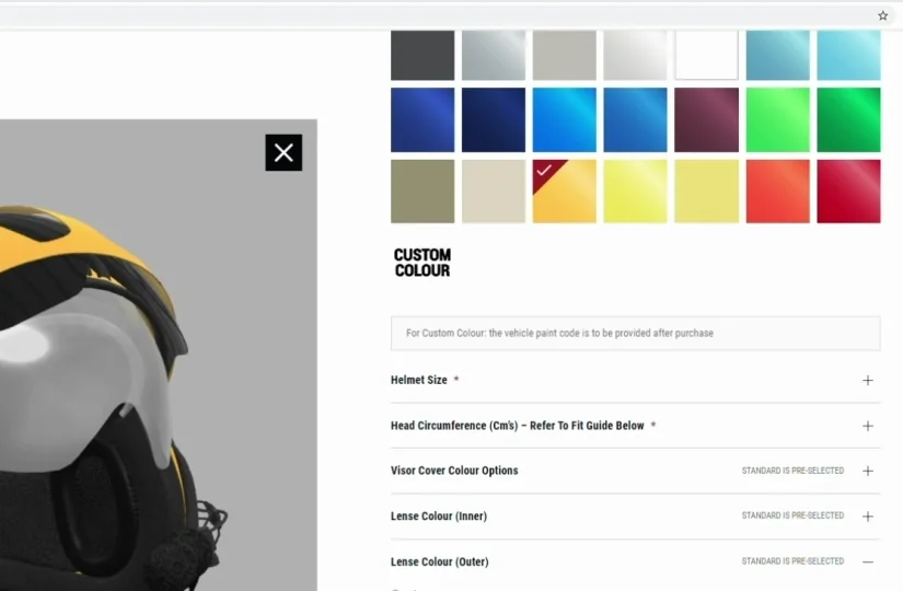 Choosing a helmet shell colour in the Sisley configurator