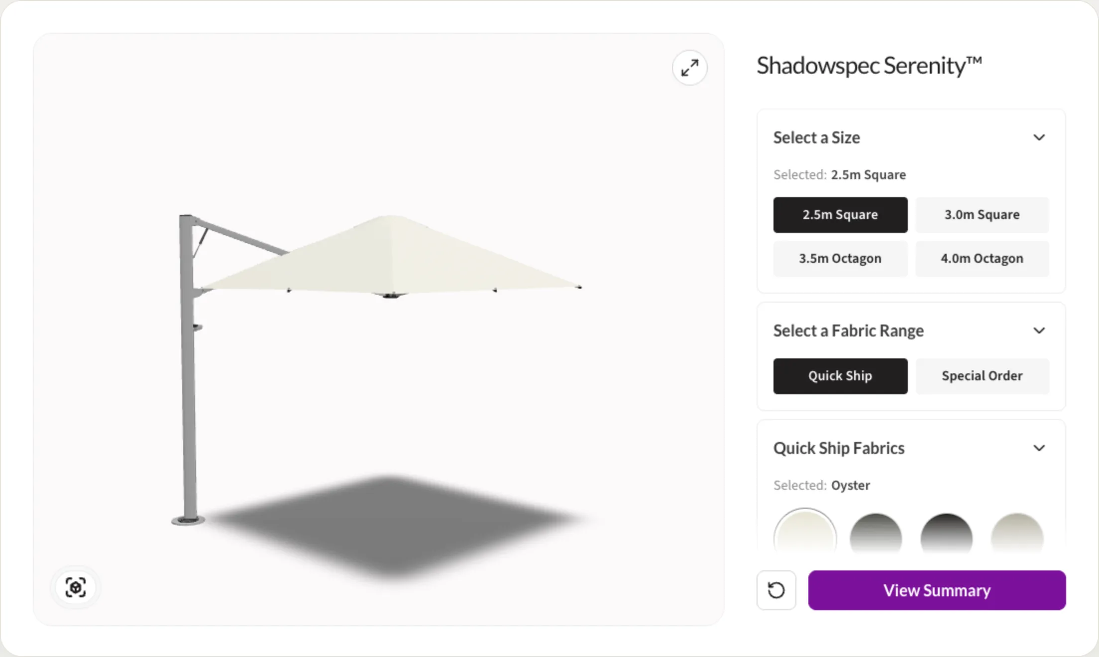 The Shadowspec Serenity cantilever umbrella in a live 3D configurator