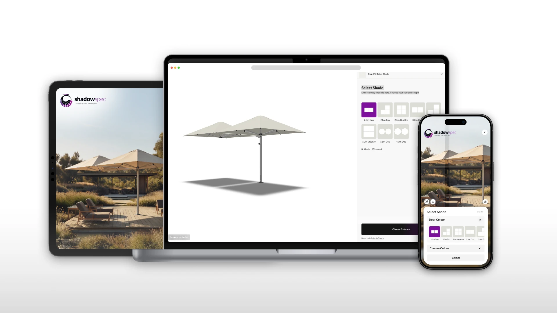 The Shadowspec multi-canopy umbrella configurator on a tablet, a laptop and a phone