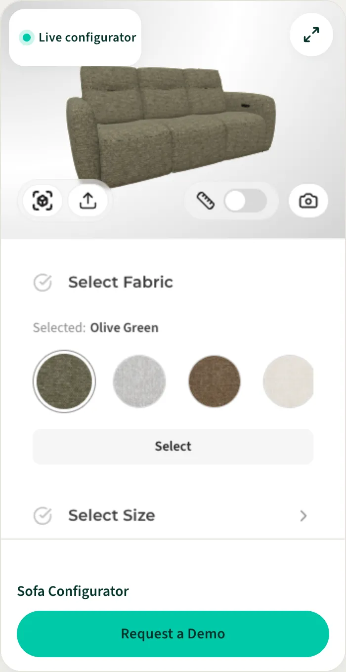 A three-seater sofa in olive green fabric in a live 3D configurator