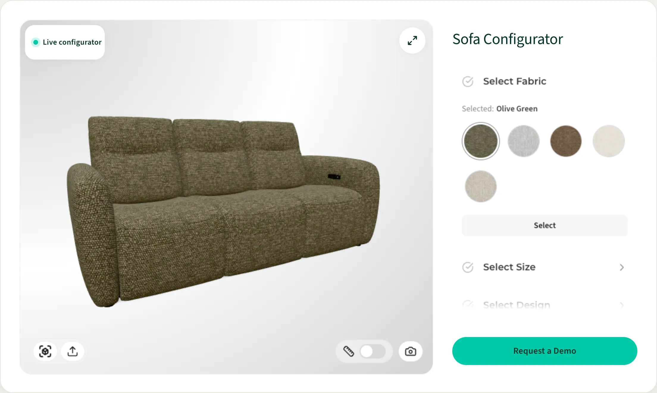 A three-seater sofa in olive green fabric in a live 3D configurator
