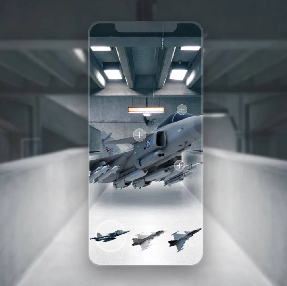 Aircraft shown in 3D in a hangar on a phone