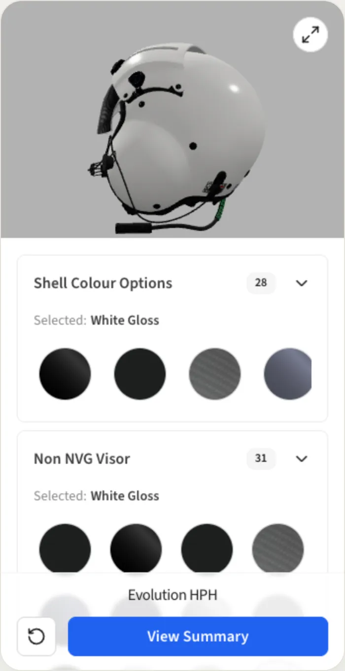 The Sisley Evolution HPH flight helmet in a live 3D configurator