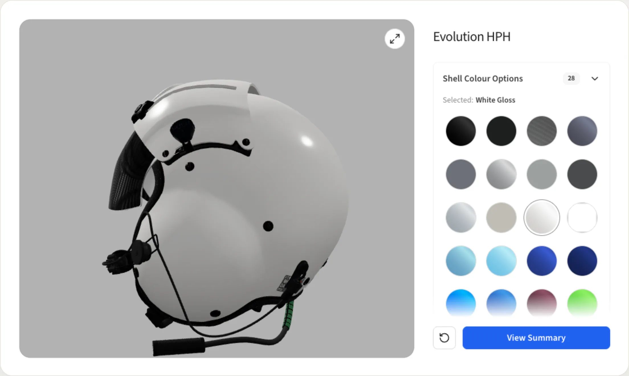 The Sisley Evolution HPH flight helmet in a live 3D configurator