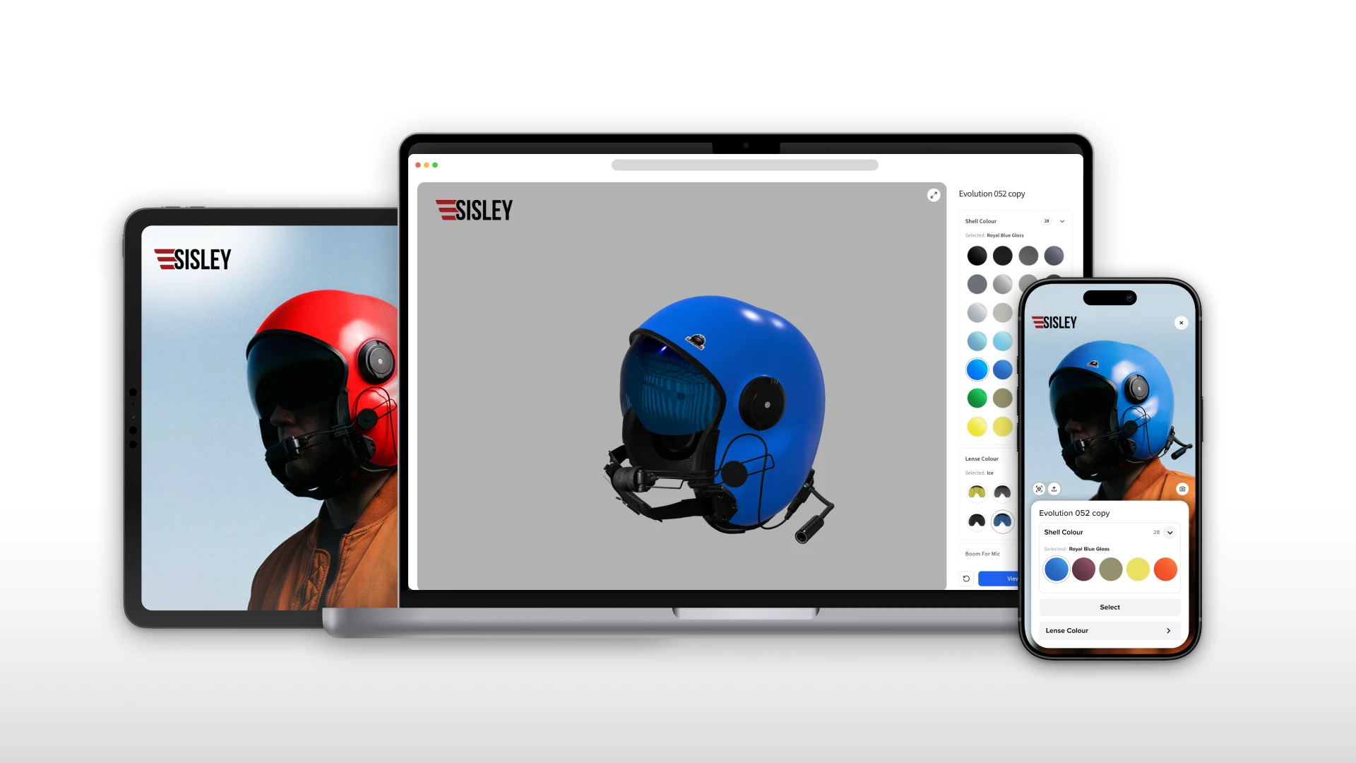 The Sisley Evolution helmet configurator on a tablet, a laptop and a phone
