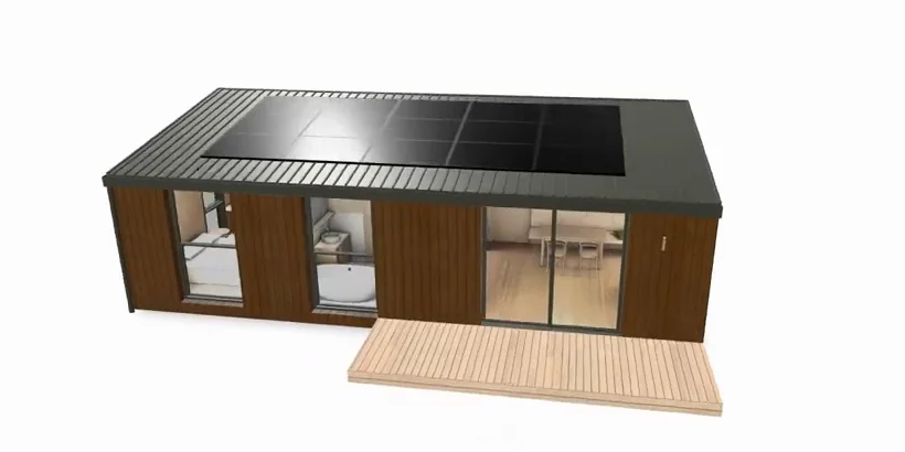 A Euca cabin with solar and a deck, configured in 3D