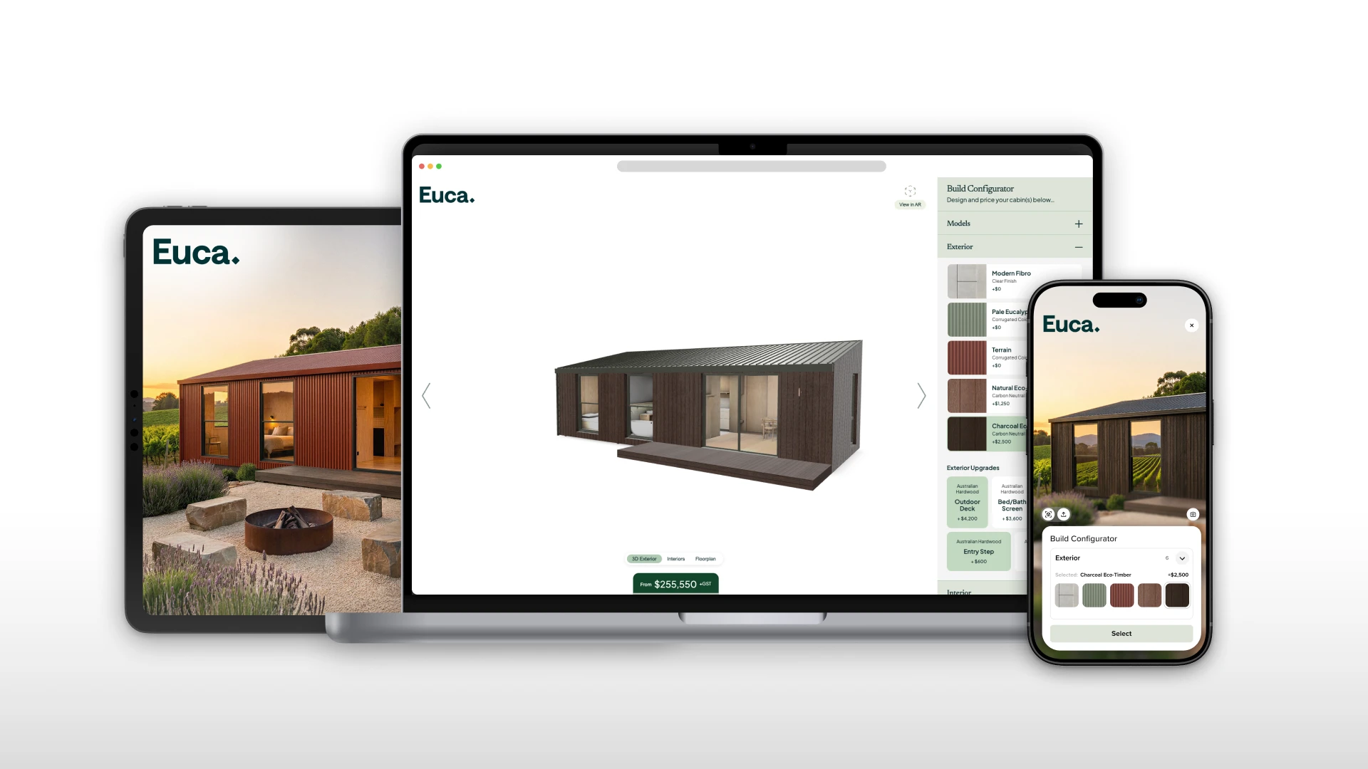 Euca's Build Configurator on a tablet, a laptop and a phone