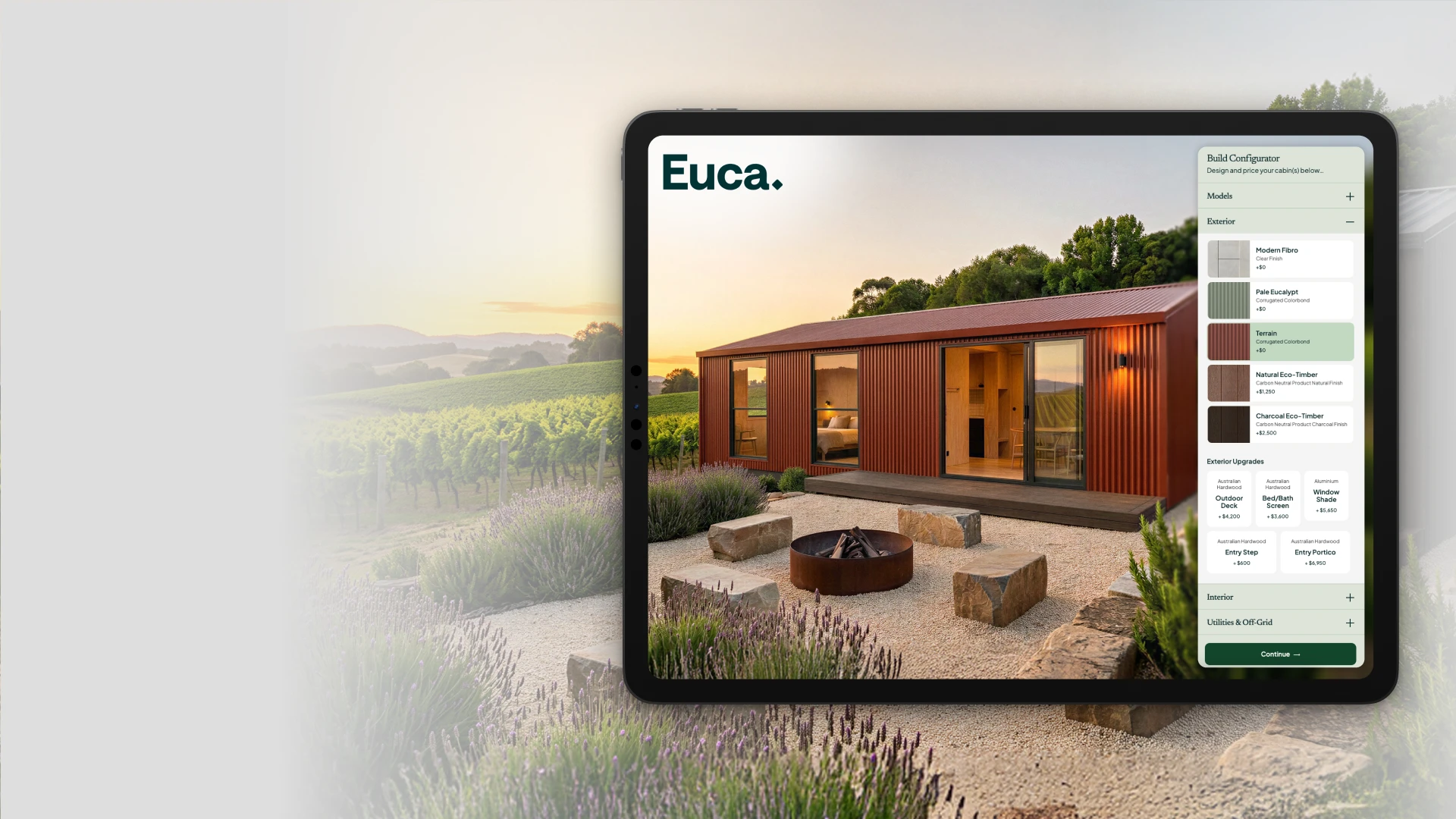A Euca cabin among vineyards, configured on a tablet